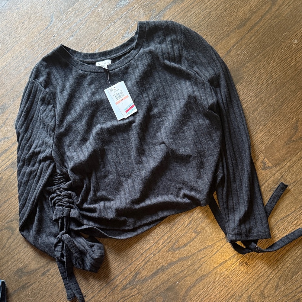 love, Fire Black Textured Ruched Sleeve Blouse new woman's XXL